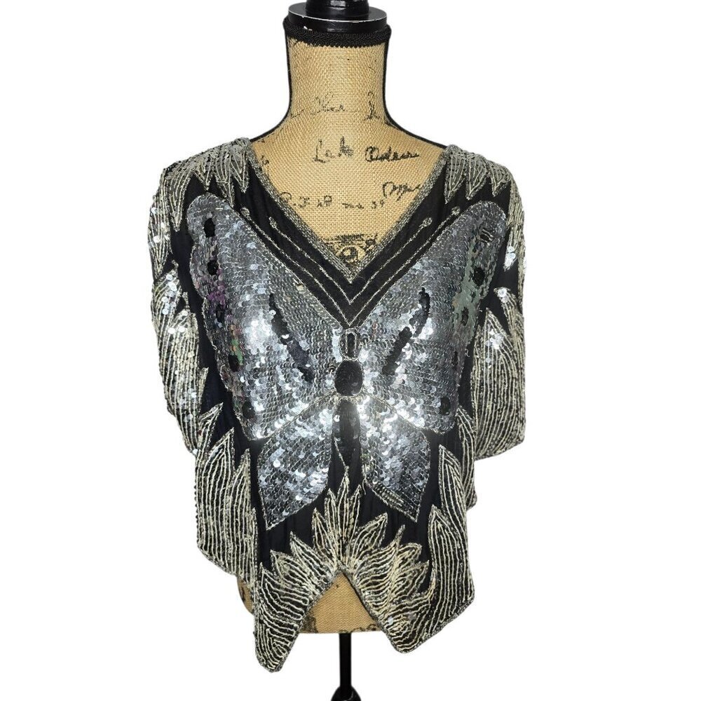 Vintage Black Silver Butterfly Sequin Top Silk